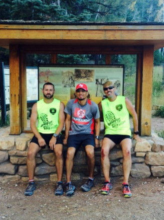 The finish line, 31 miles and 12 hours later: Russell Wenz, Carlos Rodriguez and Don Ledford ran R2R together.